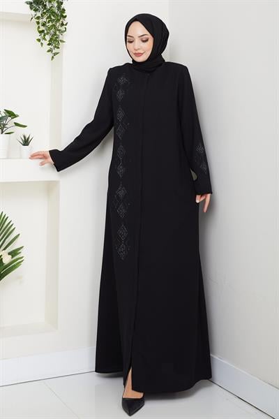 Deri İşlemeli Ferace Siyah HM2849