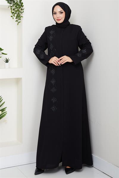 Deri İşlemeli Ferace Siyah HM2849