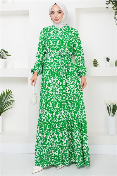 Dijital Baskılı Kuşaklı Viskon Elbise Yeşil HM2500