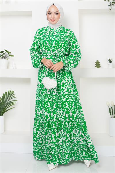 Dijital Baskılı Kuşaklı Viskon Elbise Yeşil HM2500