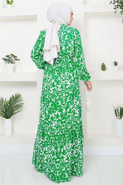 Dijital Baskılı Kuşaklı Viskon Elbise Yeşil HM2500