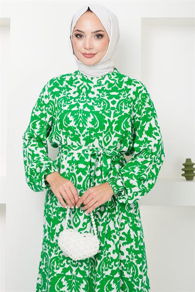 Dijital Baskılı Kuşaklı Viskon Elbise Yeşil HM2500
