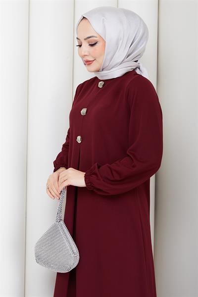 Düğme Detaylı A Pile Tesettür Elbise Bordo HM2889
