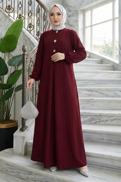Düğme Detaylı A Pile Tesettür Elbise Bordo HM2889