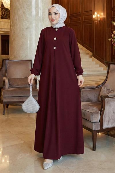 Düğme Detaylı A Pile Tesettür Elbise Bordo HM2889