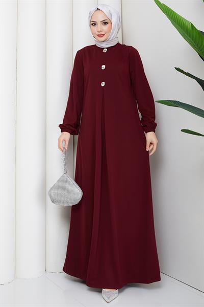 Düğme Detaylı A Pile Tesettür Elbise Bordo HM2889