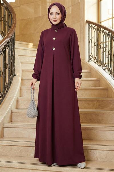 Düğme Detaylı A Pile Tesettür Elbise Bordo HM2889