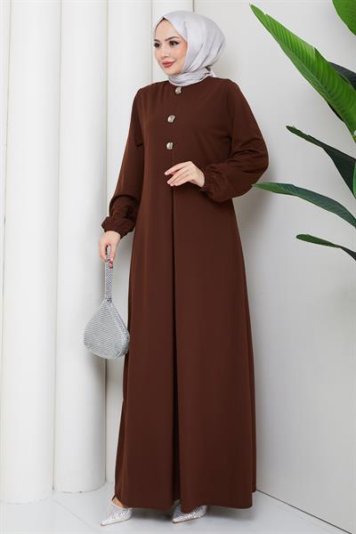 Düğme Detaylı A Pile Tesettür Elbise Kahverengi HM2889