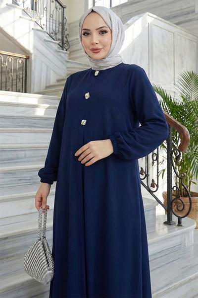 Düğme Detaylı A Pile Tesettür Elbise Lacivert HM2889