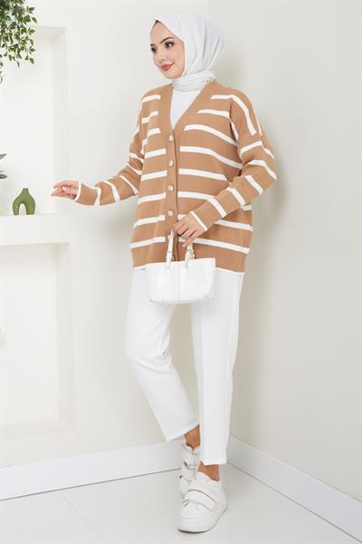 Düğme Detaylı Çizgili Araboy Triko Hırka Camel HM2516