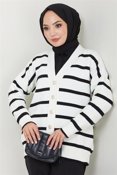 Düğme Detaylı Çizgili Araboy Triko Hırka Beyaz HM2516