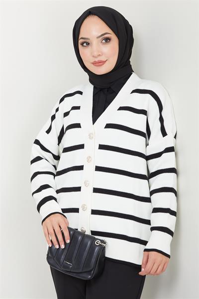 Düğme Detaylı Çizgili Araboy Triko Hırka Beyaz HM2516