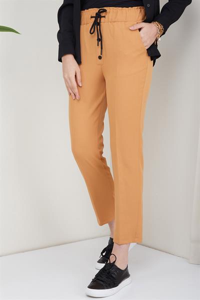 Düğmeli Bağcıklı Kumaş Pantolon Taba