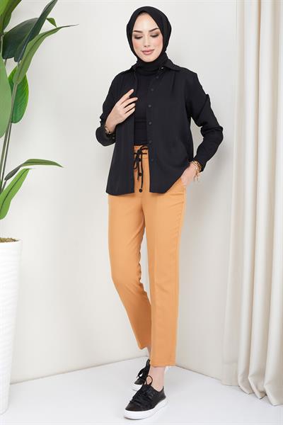Düğmeli Bağcıklı Kumaş Pantolon Taba