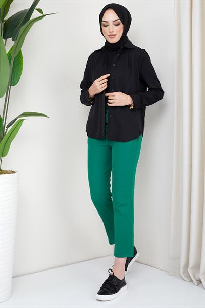 Düğmeli Bağcıklı Kumaş Pantolon Yeşil