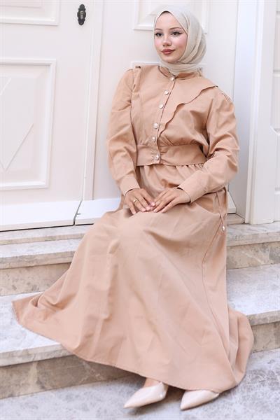Düğmeli Ceketli Cepli Beli Bağlamalı Jile Elbise Camel HM2785