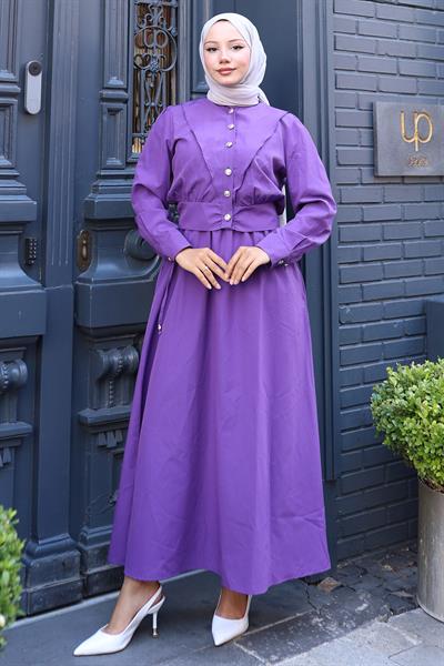 Düğmeli Ceketli Cepli Beli Bağlamalı Jile Elbise Mor HM2785