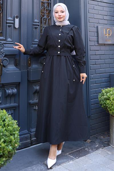 Düğmeli Ceketli Cepli Beli Bağlamalı Jile Elbise Siyah HM2785