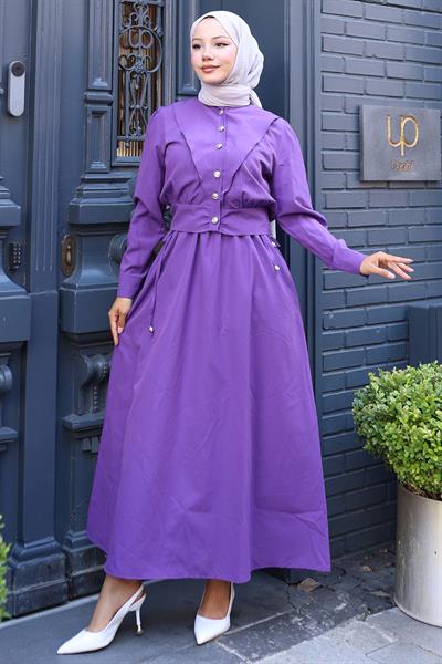 Düğmeli Ceketli Cepli Beli Bağlamalı Jile Elbise Mor HM2785