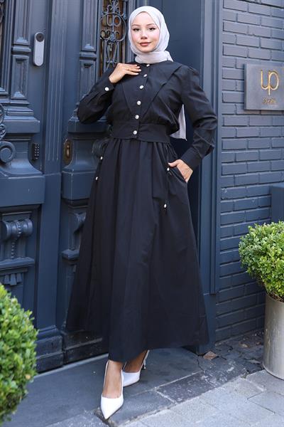 Düğmeli Ceketli Cepli Beli Bağlamalı Jile Elbise Siyah HM2785