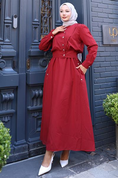 Düğmeli Ceketli Cepli Beli Bağlamalı Jile Elbise Bordo HM2785