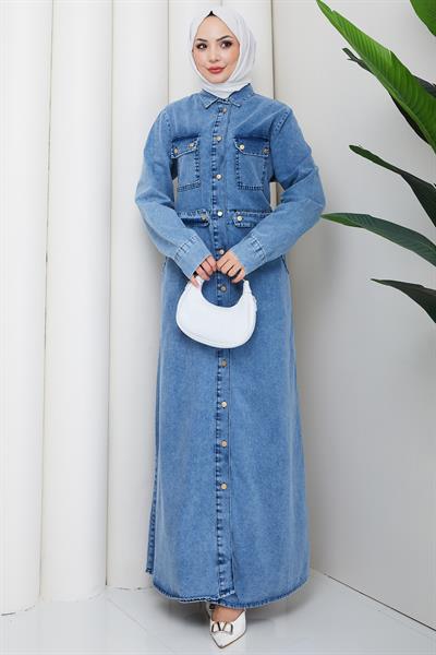 Düğmeli Denim Elbise Açık Mavi HM2897
