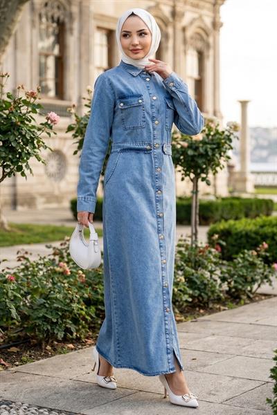 Düğmeli Denim Elbise Açık Mavi HM2897