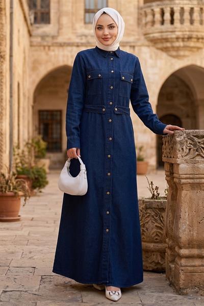 Düğmeli Denim Elbise Koyu Mavi HM2897