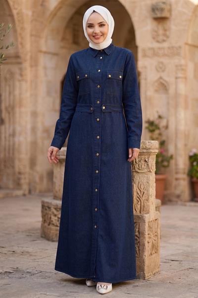 Düğmeli Denim Elbise Koyu Mavi HM2897