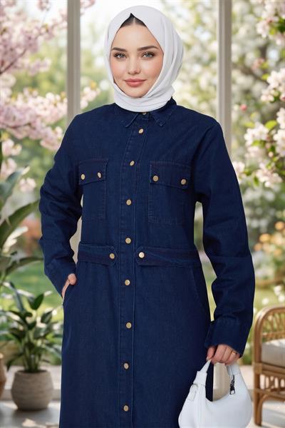 Düğmeli Denim Elbise Koyu Mavi HM2897