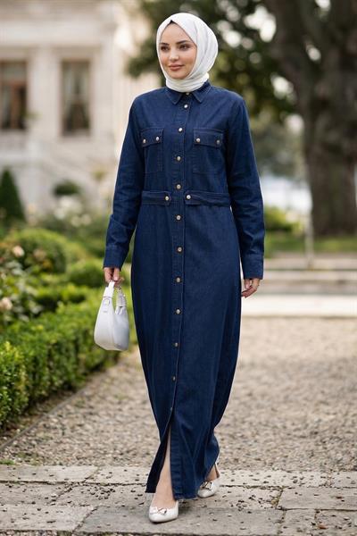 Düğmeli Denim Elbise Koyu Mavi HM2897