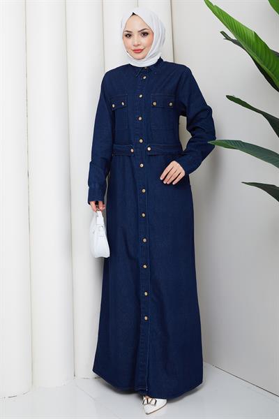Düğmeli Denim Elbise Koyu Mavi HM2897
