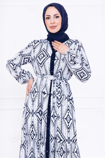 Düğmeli Kuşaklı Viskon Elbise Lacivert HM2761