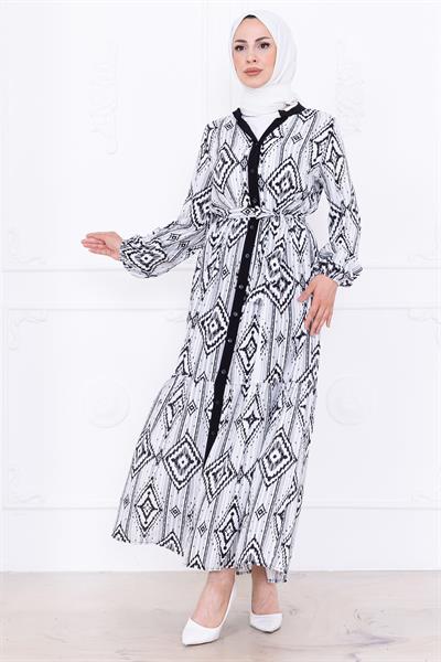 Düğmeli Kuşaklı Viskon Elbise Siyah HM2761