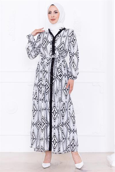 Düğmeli Kuşaklı Viskon Elbise Siyah HM2761