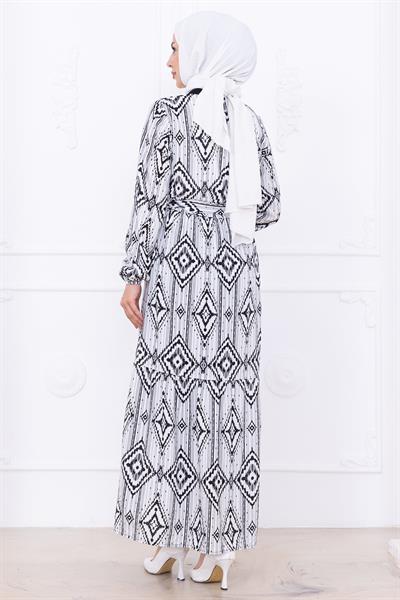 Düğmeli Kuşaklı Viskon Elbise Siyah HM2761