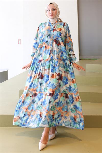 Ebru Desen Modal Elbise Mavi HM2796