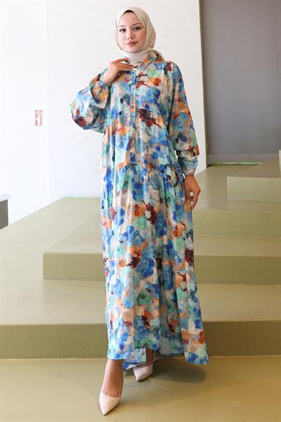 Ebru Desen Modal Elbise Mavi HM2796