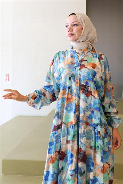 Ebru Desen Modal Elbise Mavi HM2796