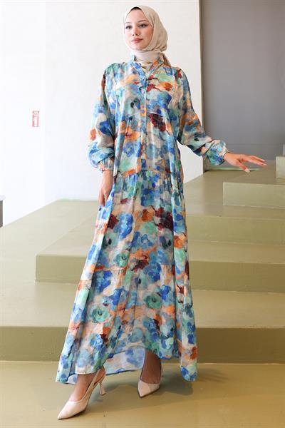 Ebru Desen Modal Elbise Mavi HM2796