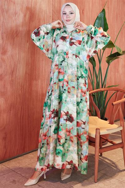 Ebru Desen Modal Elbise Yeşil HM2796