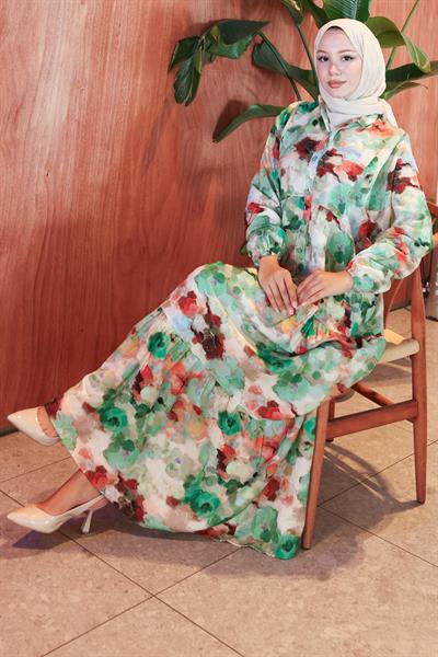 Ebru Desen Modal Elbise Yeşil HM2796