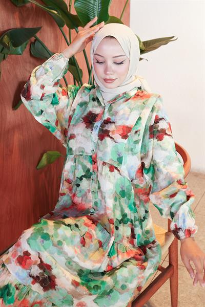 Ebru Desen Modal Elbise Yeşil HM2796