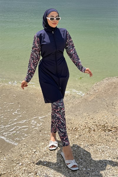 Ebru Desenli Tesettür Mayo Tam Takım Lacivert HM2924