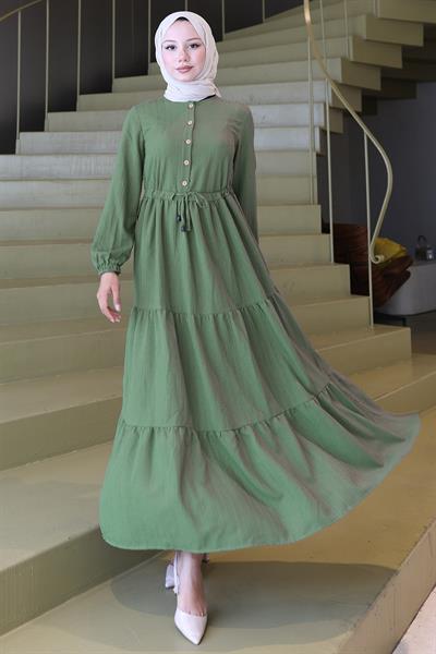 Elisa Büzgülü Düğmeli Elbise Haki HM2805