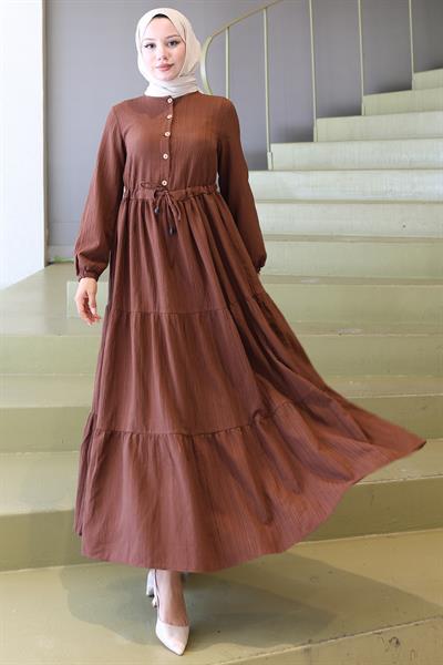 Elisa Büzgülü Düğmeli Elbise Kahverengi HM2805