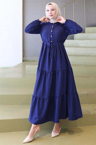 Elisa Büzgülü Düğmeli Elbise Lacivert HM2805