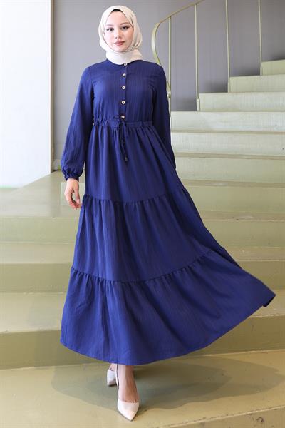 Elisa Büzgülü Düğmeli Elbise Lacivert HM2805