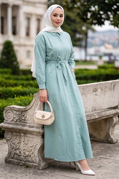 Eliz Düğmeli Pensli Kuşaklı Elbise Mint HM2944
