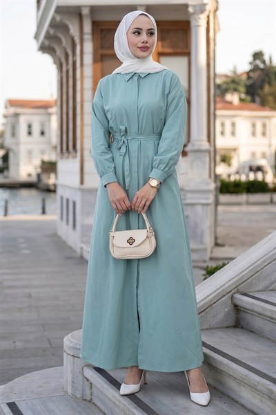 Eliz Düğmeli Pensli Kuşaklı Elbise Mint HM2944